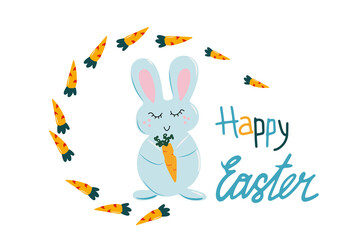 Fototapeta premium Happy Easter poster with carrot and rabbit. Vector illustration for greeting cards, decorations of windows, clothes, banners, flyers, web sites, posts.