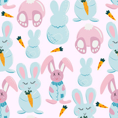 Seamless vector pattern Rabbit and carrot. Hand Drawn Bunny and heart, print design rabbit background. Print Design Textile for Easter and Kids Fashion.