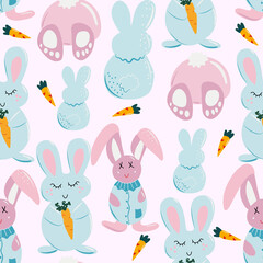 Seamless vector pattern Rabbit and carrot. Hand Drawn Bunny and heart, print design rabbit background. Print Design Textile for Easter and Kids Fashion.
