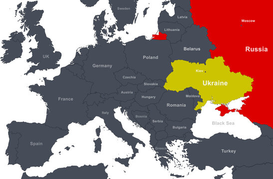 Russia and Ukraine on Europe outline map