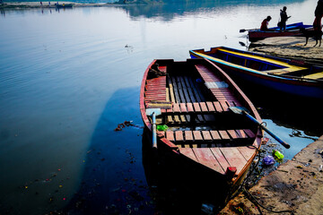 Boats at the Ghat of Yamuna river in delhi city in India