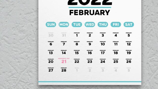 Zooming in of Presidents Day date on a beautiful February page of the calendar 2022