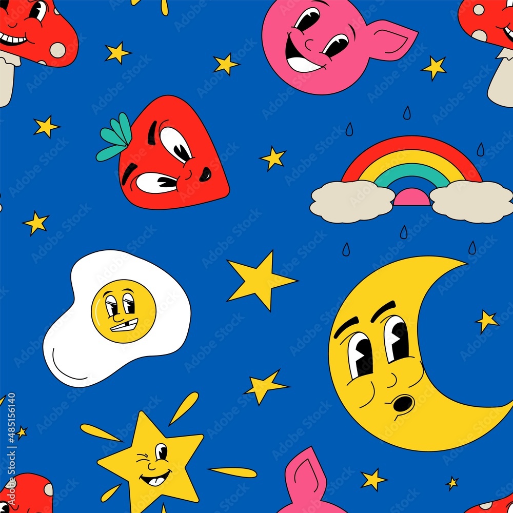 Poster Cartoon faces pattern. Seamless print design with abstract retro cartoon elements. Facial expression. Clipart characters collage. Stars and rainbow. Happy pig and strawberry. Vector texture