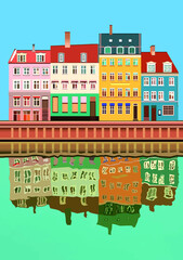 Bright houses with reflection in the water. European architecture drawn in a graphical editor by vector. Suitable for print, postcard, sketchbook cover, poster, stickers, your design.