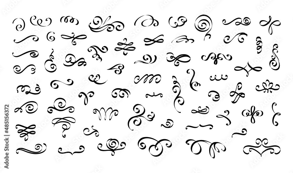 Poster Flourish ornament elements. Calligraphy decorative fancy swirl drawing. Typography curve swash lines and spirals. Elegant dividers and vignettes. Vector isolated embellish sketches set