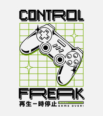 Vector joysticks gamepad illustration with slogan texts, for t-shirt prints and other uses.  Japanese text translation: Play - Pause © cddesign.co