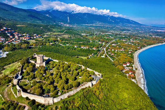 Platamonas ("Platamon") castle and Panteleimonas beach, Pieria, Central Macedonia, Greece.In the background Olympus mountain, the "home of the gods".