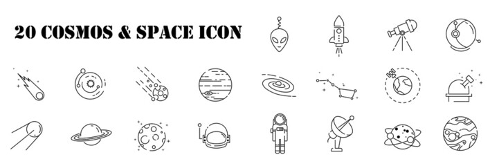 Set of space or cosmos icon vector illustration in outline style for for web,landing page, stickers, and background © Cavid
