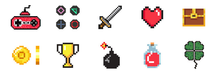 Pixel art game icon set and gold coin animation. Vector illustration © Cavid