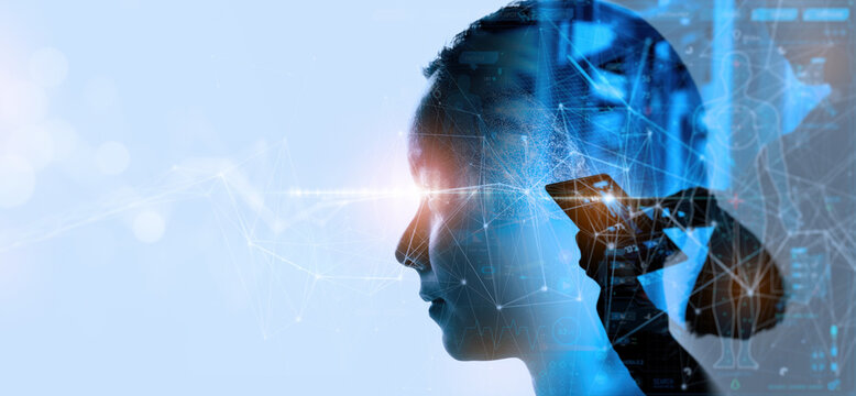 Double explosure of Medical technology concept working for Remote medicine and Electronic medical record with female doctor.