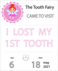 Cute tooth fairy receipt certificate fun document design to reward children who loose their baby teeth