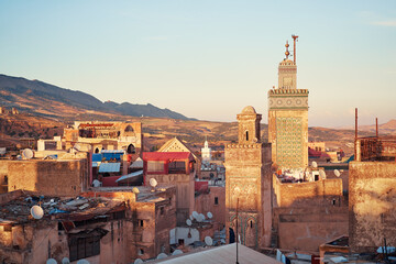 View of Fez City from the roof top terrace. Fes el Bali Medina, Morocco, Africa - obrazy, fototapety, plakaty