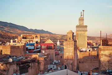Photo sur Plexiglas Maroc Vue sur la ville de Fès depuis la terrasse sur le toit. Fes el Bali Medina, Maroc, Afrique