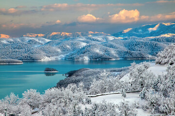 View of Plastiras lake from Neochori village, Karditsa, Thessaly, Greece.