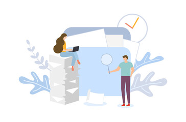 Business people searching files in folder with overwhelm work in limit time, busy office worker, flat design of ‘searching file folder’ vector, teamwork cooperate working, officer’s searching for data