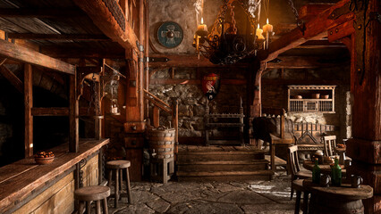 The bar of a medieval inn with stone floor, tables of food and drink and decorative shields on the wall. 3D rendering.