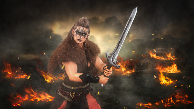 Fierce Viking barbarian woman fighting with a sword on a burning battleground. 3D illustration.