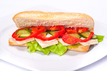Sandwich plate made by a restaurant chef. Composition with bread pepper cucumbers cheese and salad.