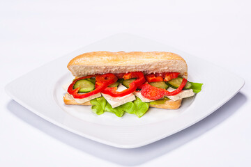 Sandwich plate made by a restaurant chef. Composition with bread pepper cucumbers cheese and salad.