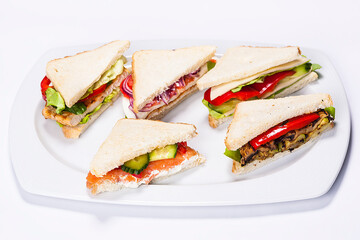 Plate made by a restaurant chef. Composition with multiple sandwiches of different taste