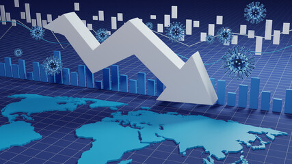 Covid crisis and the collapse of the markets, economic fallout. 3d illustration