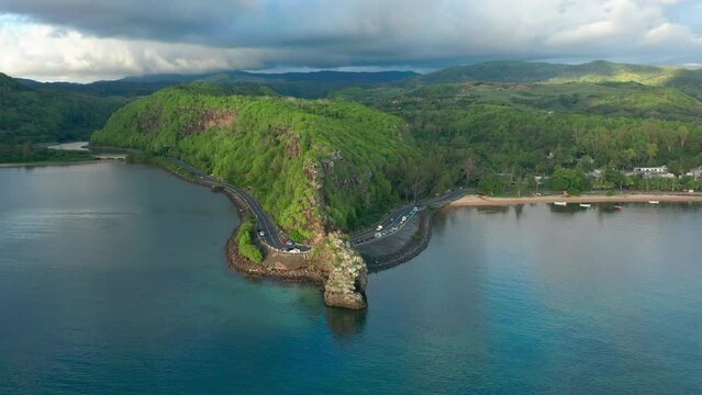 Maconde Viewpoint. Mauritius island, view of the Cape with the monument to captain Matthew Flinders and the Indian ocean. Aerial view