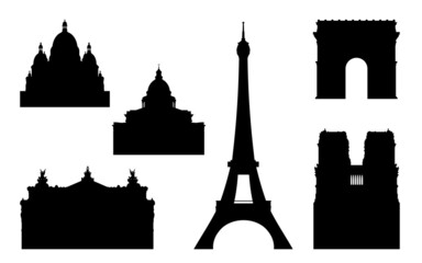 Paris  sightseeings silhouette vector set. Eiffel Tower, Palais Garnier, Arc de Triomphe, Basilica of the Sacred Heart of Paris, Panthéon, Notre-Dame de Paris

