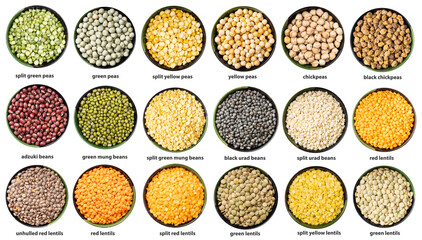 set of various lentils and peas in bowl with names