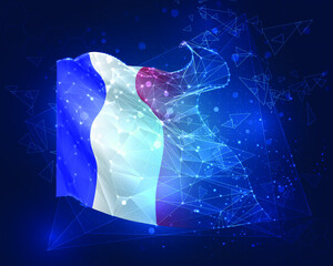 France, vector flag, virtual abstract 3D object from triangular polygons on a blue background