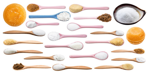 set of various sugars in spoons isolated on white