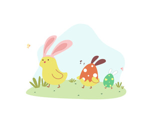 Cute yellow chick with rabbit ears and chicks in easter egg walking together flat vector illustration isolated on white background. Happy Easter. Cute pastel animal character.