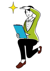 バインダーを片手に遠くを見据えているビジネスパーソン（調査や取引のイメージに）