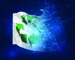garbage recycling vector flag, virtual abstract 3D object from triangular polygons on a blue background