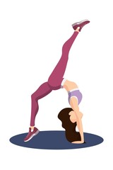 Vector illustration with woman doing physical activity. Healthy girl in leggings and sports bras on white background. Fitness, yoga and meditation. Healthy lifestyle at home and in the studio