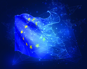 European Union,  vector flag, virtual abstract 3D object from triangular polygons on a blue background