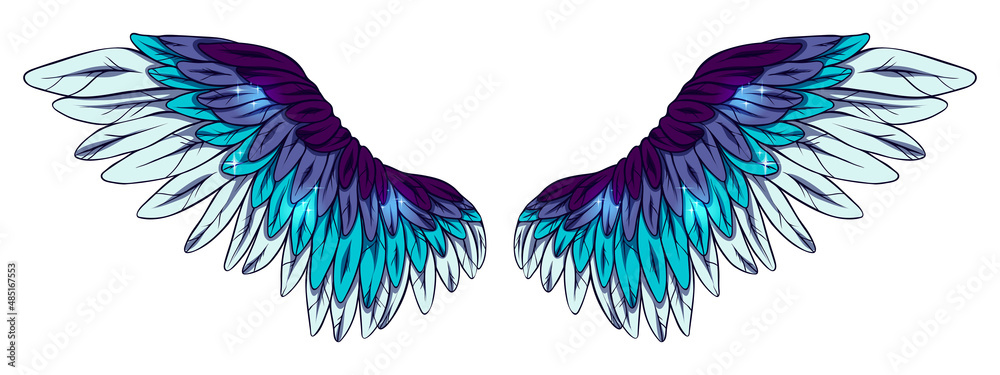 Wall mural beautiful magic glittery violet blue angel wings, color vector illustration