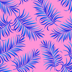 Tropical illustration with palm leaves. Jungle wallpaper with exotic plants. Summer tropical leaf background. Summer foliage print. Pattern design. Very Peri