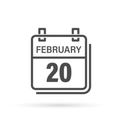 February 20, Calendar icon with shadow. Day, month. Flat vector illustration.