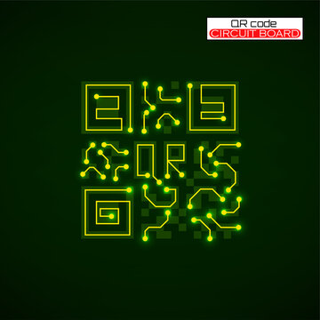 Qr Code With Circuit Board Logo. Technology Code, Barcode Identification. Vector Illustration