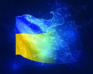 Ukraine, vector flag, virtual abstract 3D object from triangular polygons on a blue background