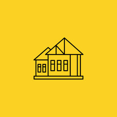 Vector linear icon with a house on a yellow background. Construction and design of residential buildings. The emblem of low houses. Country life. Roof, building, window icon.