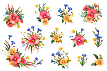  12 Floral isolate bouquets. Wild flowers on a white background. Red, yellow flowers. Watercolor illustration for postcards, posters, packaging, invitation, wedding, for fabric, interiors	