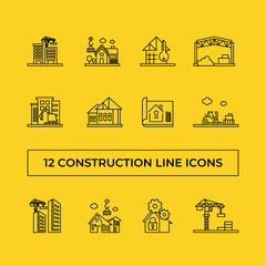 Set of isolated building vector icons on yellow background. Linear emblems of house, crane, construction machinery, skyscrapers. House design and construction.