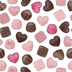 Dark and pink glitter chocolate candies decorated with confectionery topping isolated on white background. Vector seamless pattern.