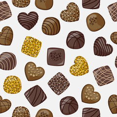 Milk, dark and golden glitter chocolate candies isolated on white background.
Vector seamless pattern.