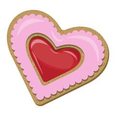 Vector top view of pink heart shaped cookie with red berry jam isolated on white background.
