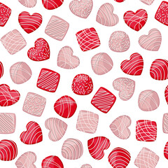 Vector seamless pattern of red and pink chocolate candies in the form of square, circle and heart isolated on white background.
