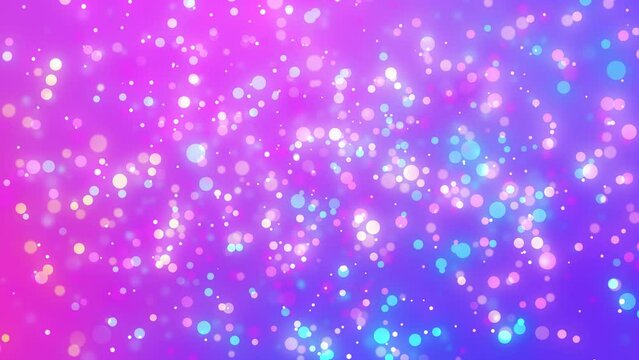 Animation of colorful circles, glitter, bokeh effect. Abstract floating particles, lights. bright pink background. Looped live wallpaper. Festive animated stock footage. Holiday, christmas, new year.