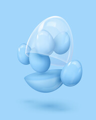 Realistic blue open glossy egg with glass dome, five mini eggs, creative box, case. Happy Easter poster. Vector illustration for card, party, design, flyer, decor, banner, web, advertising.