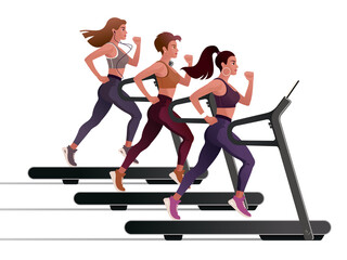 Three girls athletes run on a treadmill. Isolated Vector Art. Flat illustration for mockup design or advertising banner.